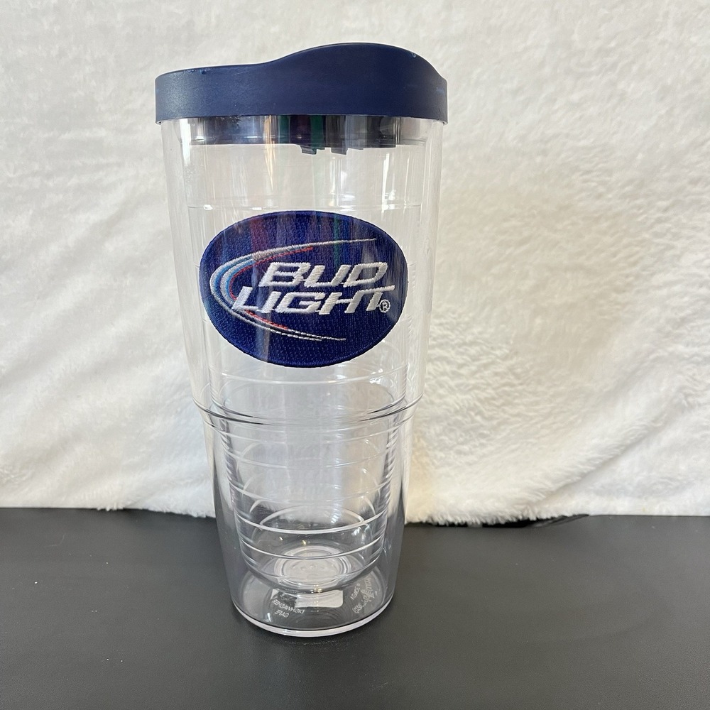 BUD LIGHT Tervis Tumbler 24oz Beer Clear with Navy Blue Lid Hot Cold Drink Cup